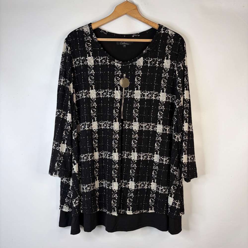 Calessa Tunic Blouse Womens 2X Black White Plaid Lace Layered Zip Accent